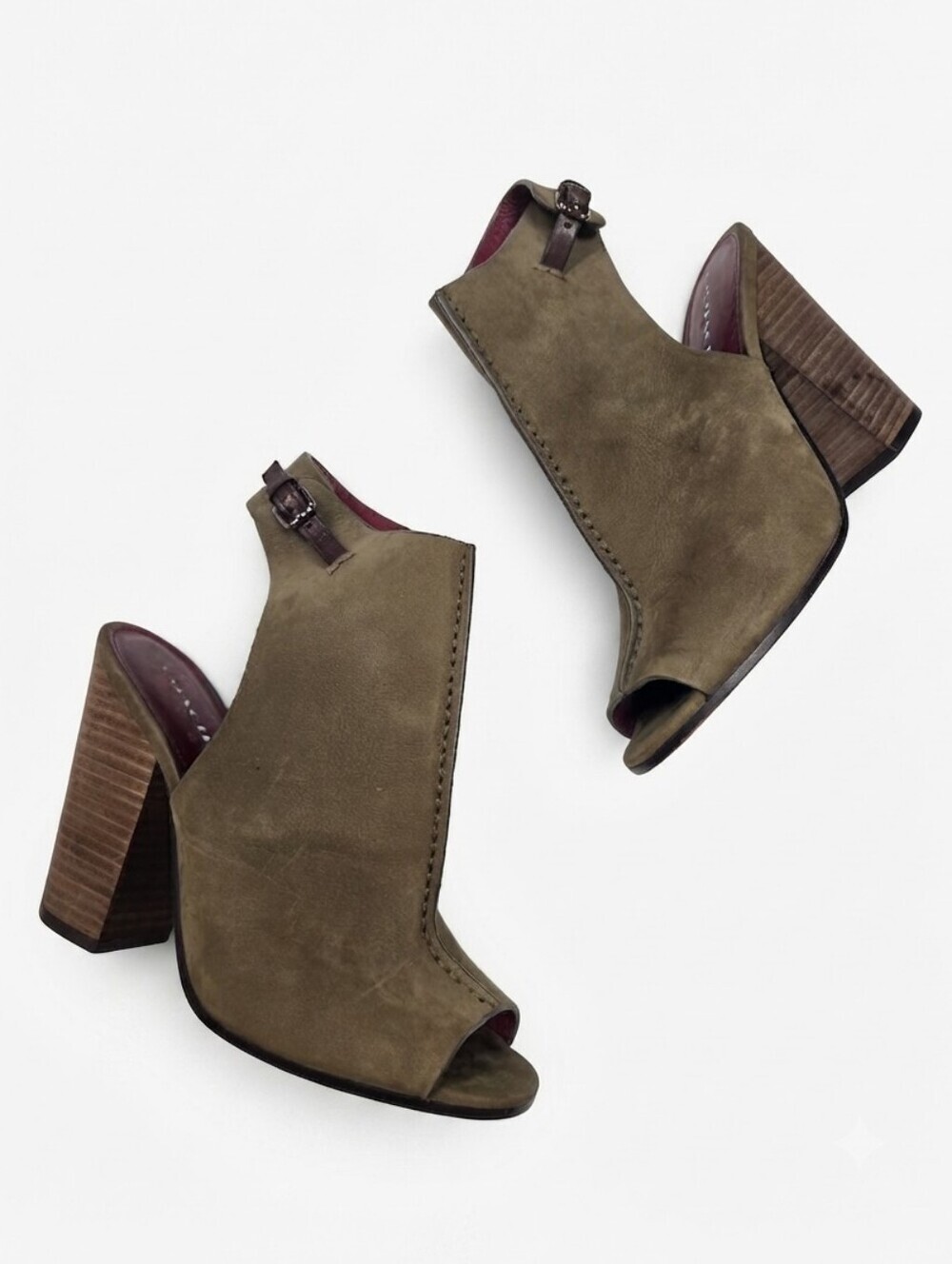 COACH Saratoga Olive Green Nubuck Peep-Toe Block Heel Booties 7.5